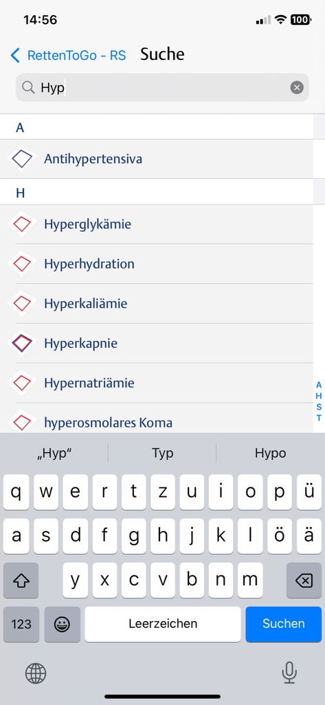 Mobile search interface displaying medical terminology and definitions in the Retten To Go app