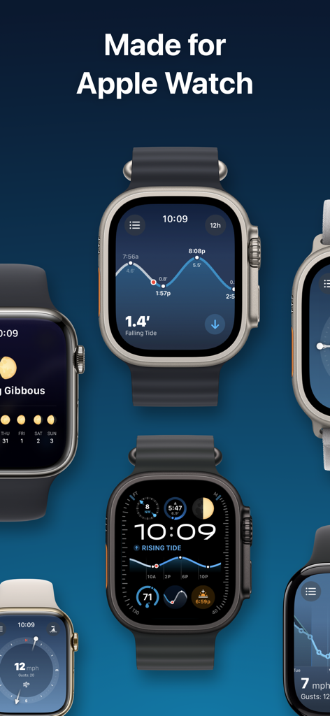 Tide Guide: Charts & Tables - Tide Guide app interfaces featuring tide charts and marine data on Apple Watch