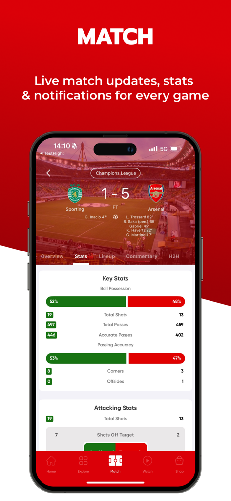 Gunners - Live Scores & News - Screenshot of the Gunners app showing live match statistics and score for an Arsenal game