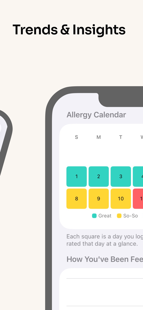 Pollen Buddy – Allergy Tracker - A color-coded allergy calendar heatmap within the Pollen Buddy app showing daily health trends