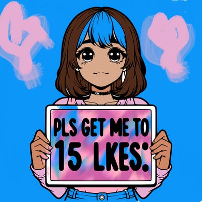 realistic girl holding up a sign that says “pls get me to 15 likes!”