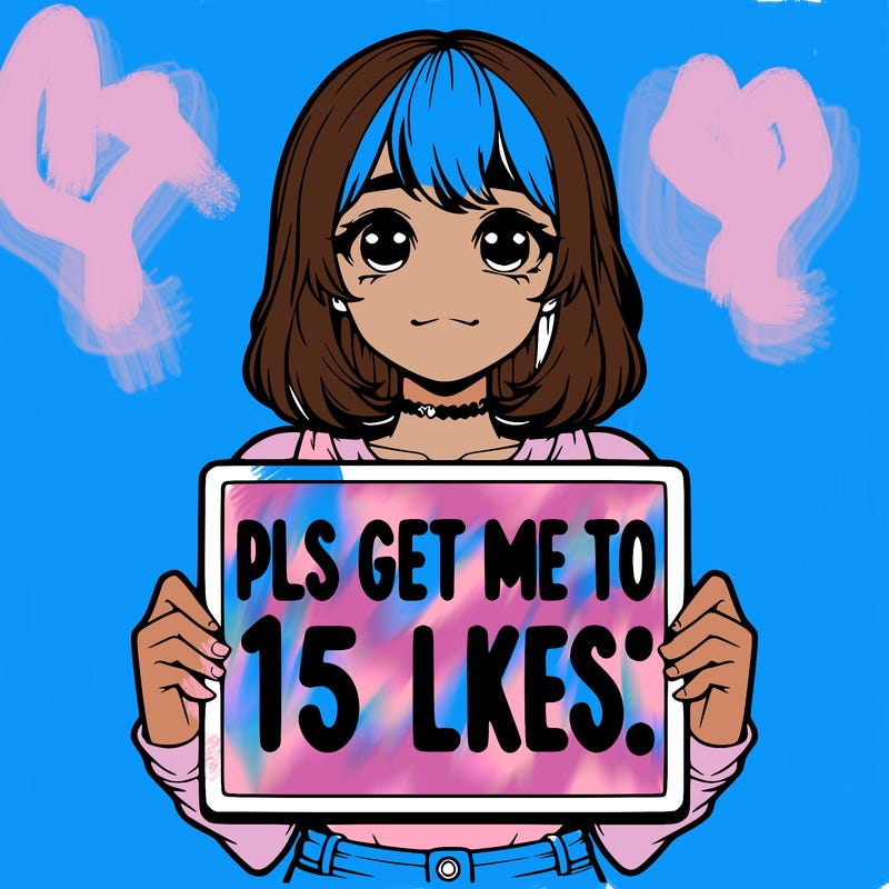 realistic girl holding up a sign that says “pls get me to 15 likes!”