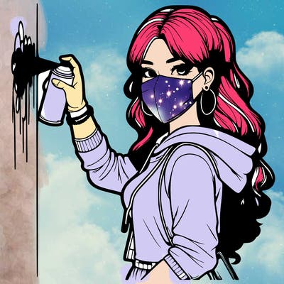 realistic girl with mask spray painting a wall