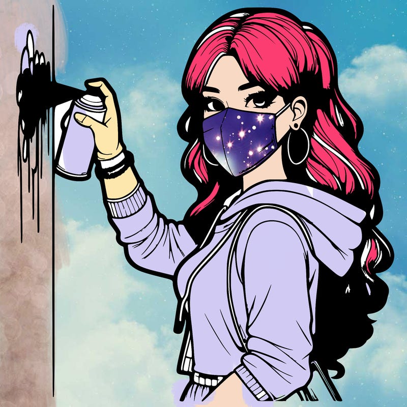 realistic girl with mask spray painting a wall