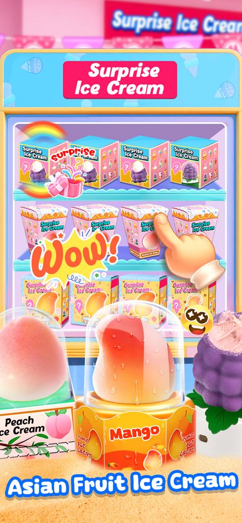 A vibrant screen showing surprise asian fruit ice creams like mango and peach in a colorful toy shop display.