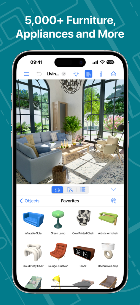 Interface de l'application Live Home 3D Pro montrant une conception de salon en 3D et un catalogue de meubles étendu