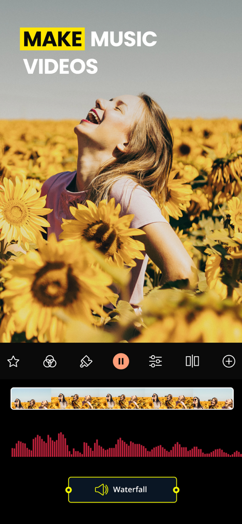 Video Editor with Music・VidLab - VidLab mobile app interface for creating music videos with a sunflower field visual and audio waveform