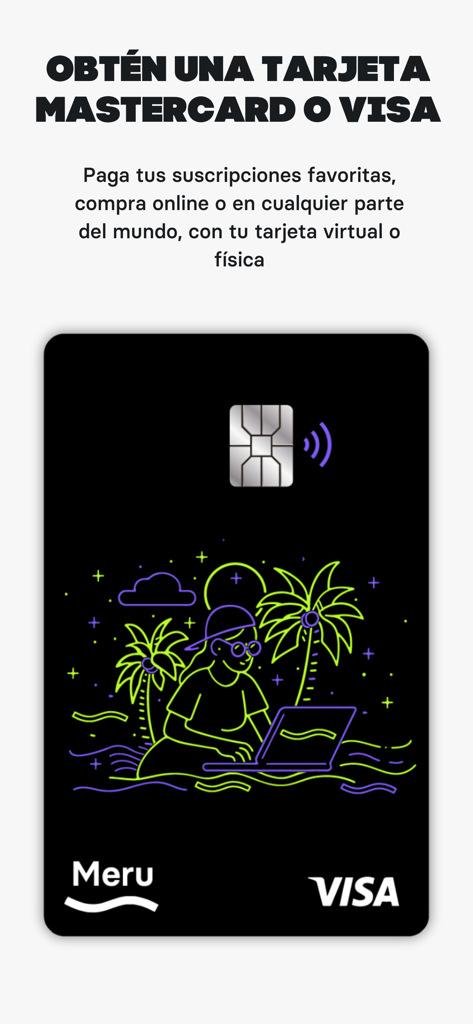 Une carte Visa Meru noire ornée d'une illustration de nomade digital pour les paiements mondiaux et les abonnements en ligne.