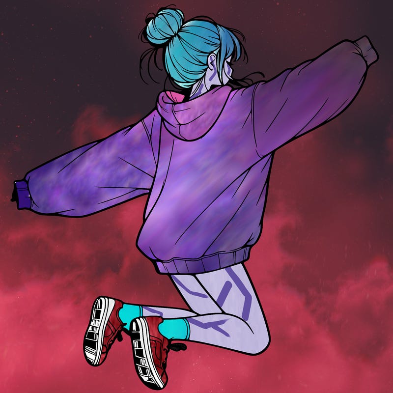realistic girl jumping with a bun and oversized sweatshirt