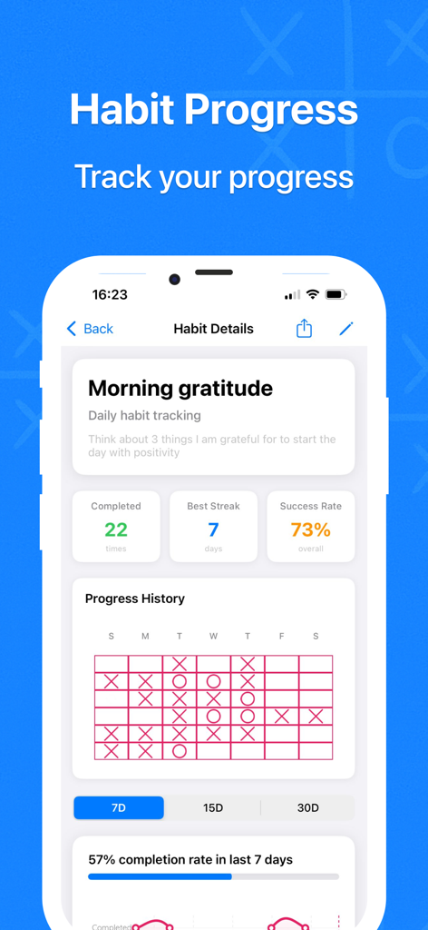Detailed habit progress screen showing streaks and success rate statistics for a daily gratitude routine