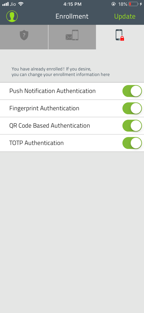 Multi-factor authentication enrollment settings in the ADSelfService Plus mobile app