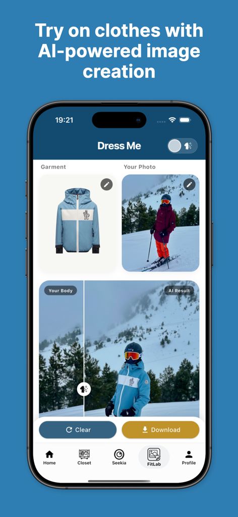 Seekia 앱 인터페이스에 스키 재킷이 있는 AI 가상 착용 기능이 표시됩니다.