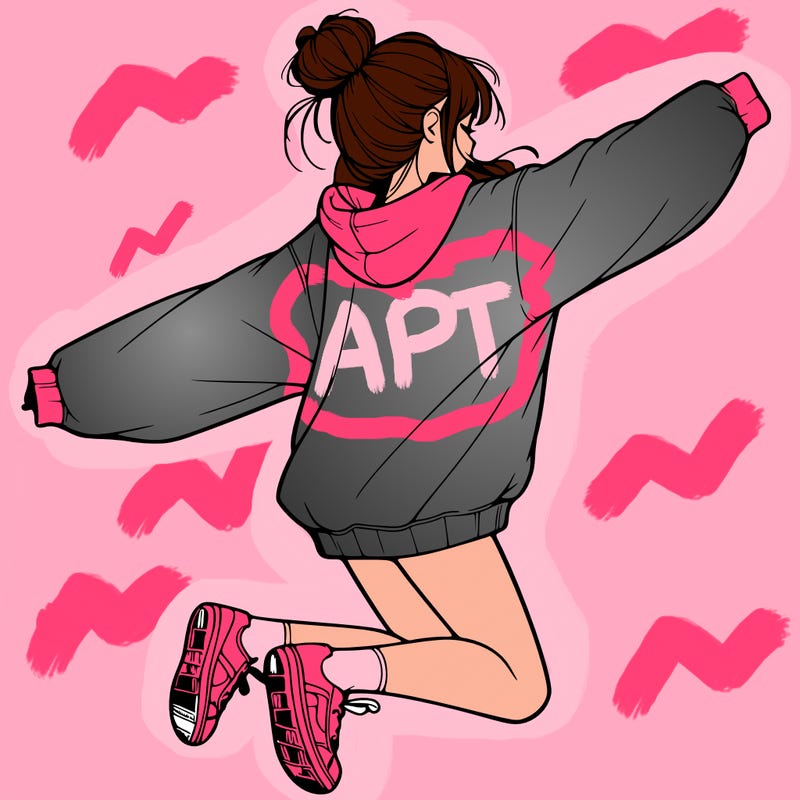 realistic girl jumping with a bun and oversized sweatshirt
