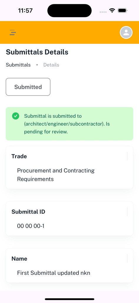Interface of the Studly construction management app showing detailed information and status tracking for project submittals.