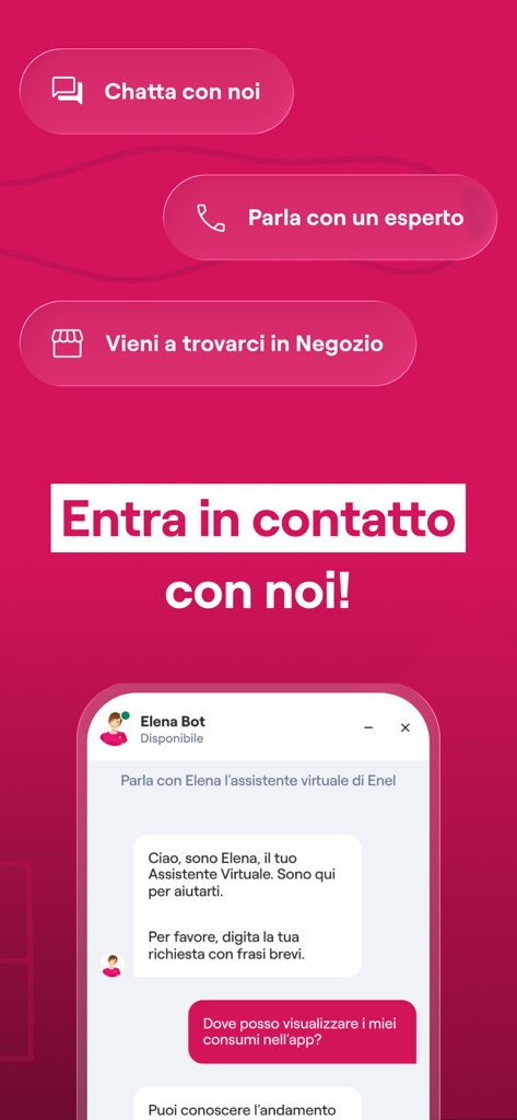 Enel Energia - Página de soporte al cliente de la aplicación Enel Energia que muestra opciones para chatear, llamar a un experto o encontrar una tienda, junto con una interfaz de asistente virtual