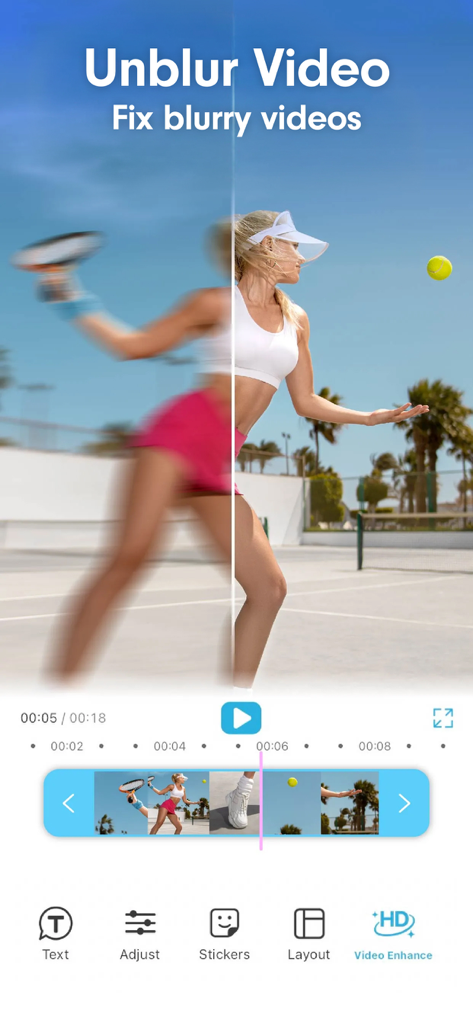 Seite-an-Seite-Vergleich, der ein unscharfes Tennisvideo zeigt, das mit dem YouCam Video KI-Editor geschärft und entunfokussiert wird.