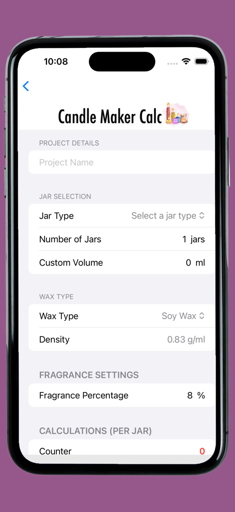 Interface of the Candle Maker Calculator app showing jar selection and wax type settings
