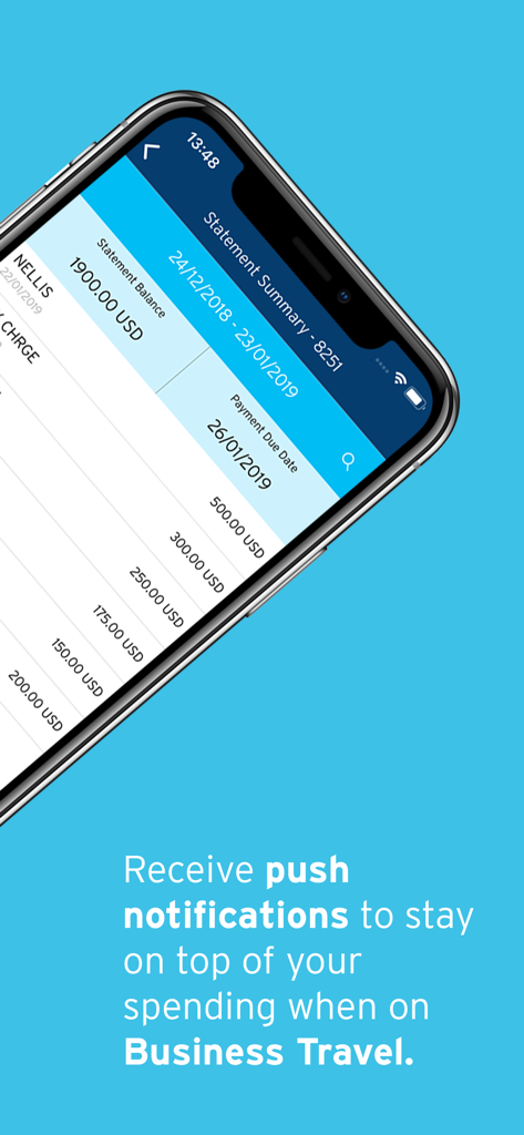 CitiManager – Corporate Cards - La aplicación CitiManager muestra un resumen del extracto de la tarjeta corporativa y los beneficios de las notificaciones push para viajes de negocios.