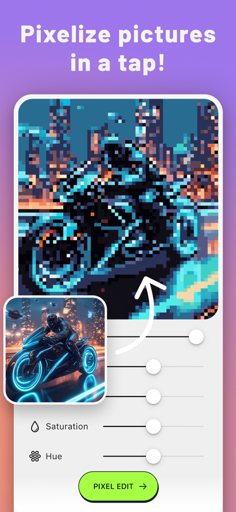 AI Pixel Art Camera: PixelMe - Oberfläche der PixelMe-App, die ein Cyberpunk-Motorradfoto zeigt, das mit Anpassungsschiebereglern in Pixelkunst umgewandelt wurde