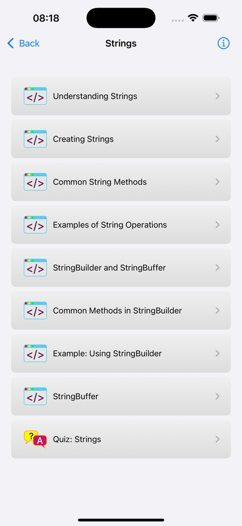 Learn Java Programming Pro - A list of Java String programming lessons and quizzes on a mobile app interface.