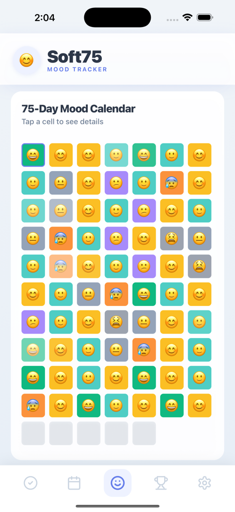 75 Soft Challenge - Tracker - Soft75 mood tracker 75 day calendar with emojis