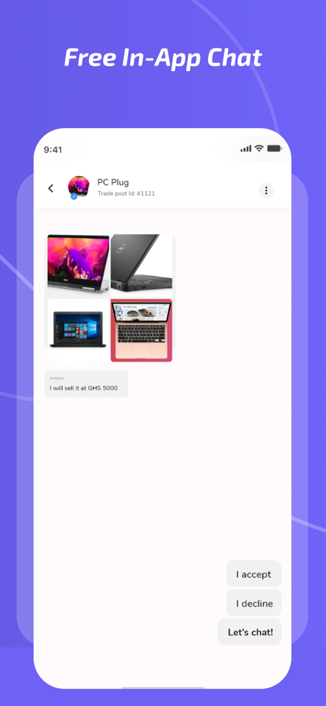 Pamo - Tela de chat no aplicativo Pamo mostrando um comerciante oferecendo laptops a um comprador com opções para aceitar ou recusar a oferta