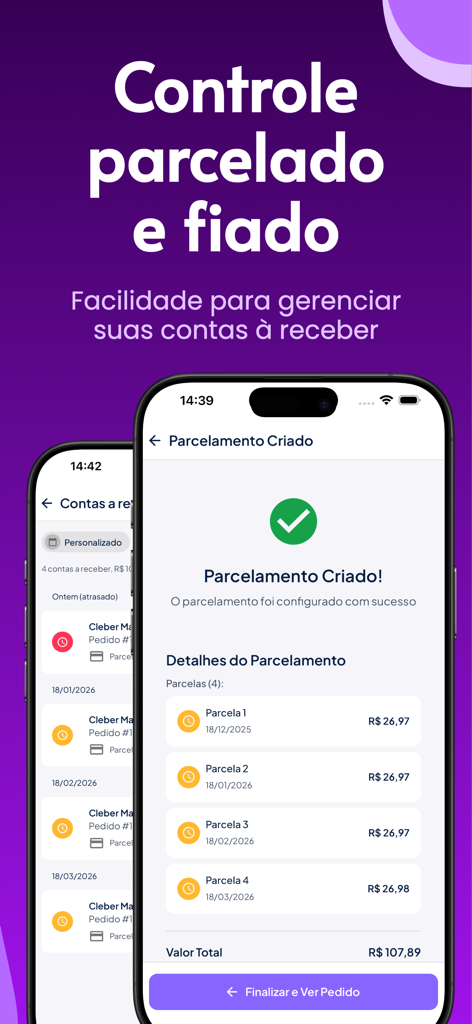 Stoqui: Catálogo e Vendas - Interfaz de la aplicación Stoqui que muestra pagos a plazos y detalles de cuentas por cobrar.