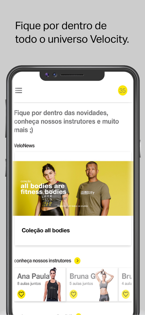 Panel de la aplicación móvil Studio Velocity con noticias de fitness y una lista de instructores de ciclismo.
