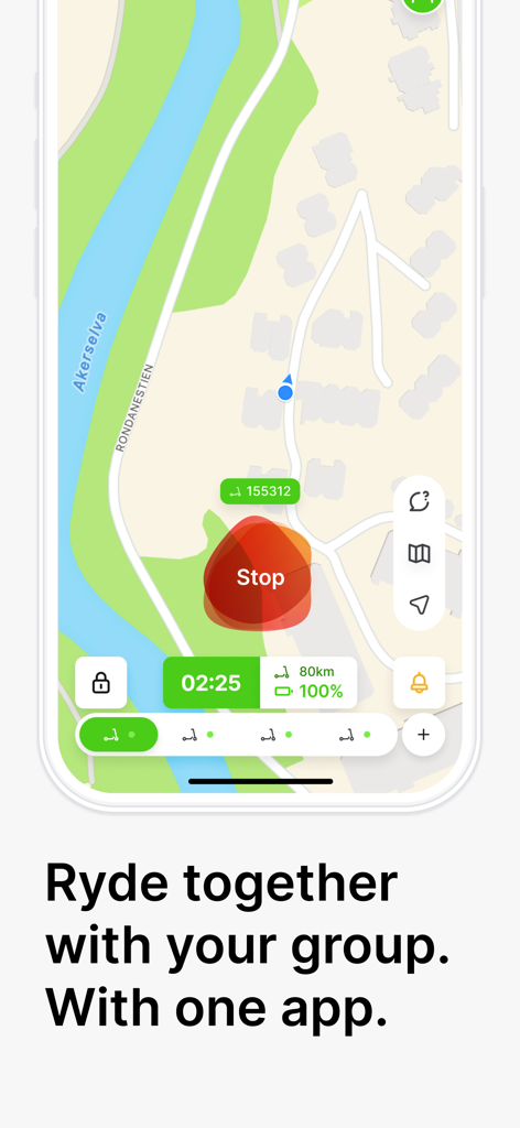 Ryde app interface showing a map with group ride status and scooter information