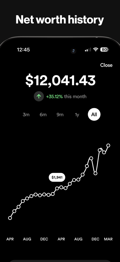 Mobile app screen showing a net worth history chart with growth trends and total balance in the Cheddar app