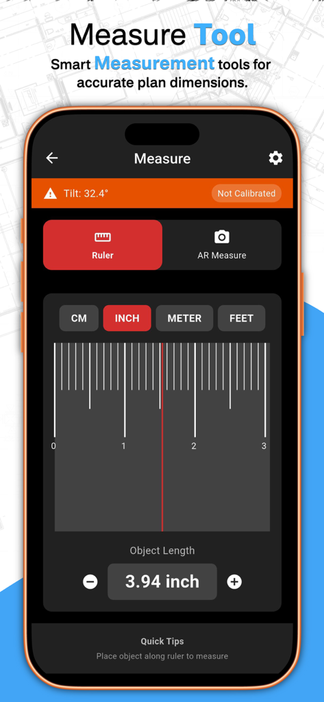 Floor Plan Designer: Home Map - Interface do aplicativo Designer de Plantas Baixas mostrando uma régua digital para medições precisas de objetos