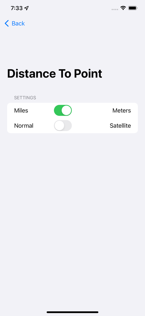 O ecrã de definições da aplicação Distância a Ponto a apresentar interruptores de alternância para unidades de distância e tipos de vista de mapa.