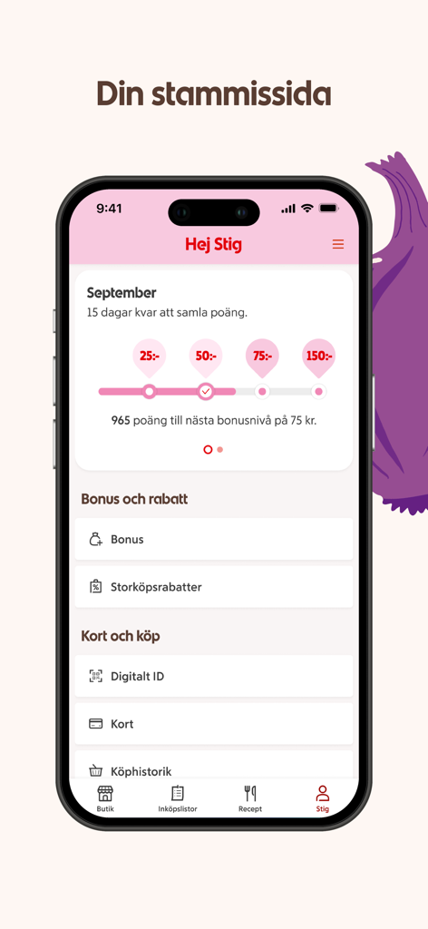 ICA – recept och erbjudanden - A mobile screen showing the ICA app loyalty dashboard with bonus point progress and account settings