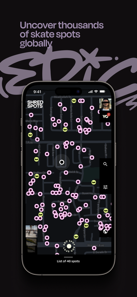 Mobile screen displaying a dark map interface with numerous pink and yellow markers indicating skate spots globally in the ShredSpots app.