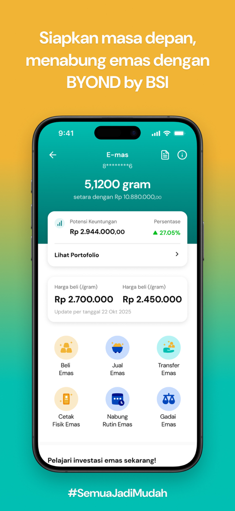BYOND by BSI app screen showing digital gold savings and investment options