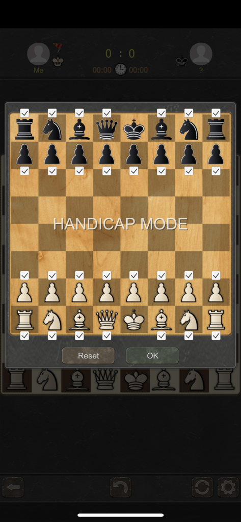 Chess Origins - 2 Players - Interface of Chess Origins app showing the piece selection screen for handicap mode