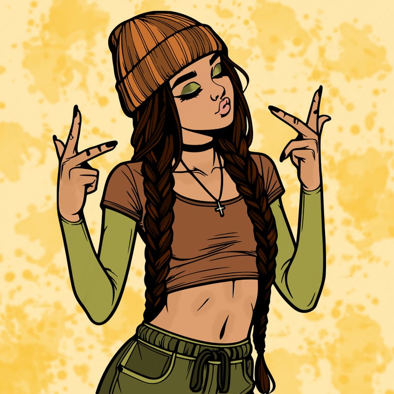 realistic teenage girl with braids and a beanie and crop top doing 🫶🏼