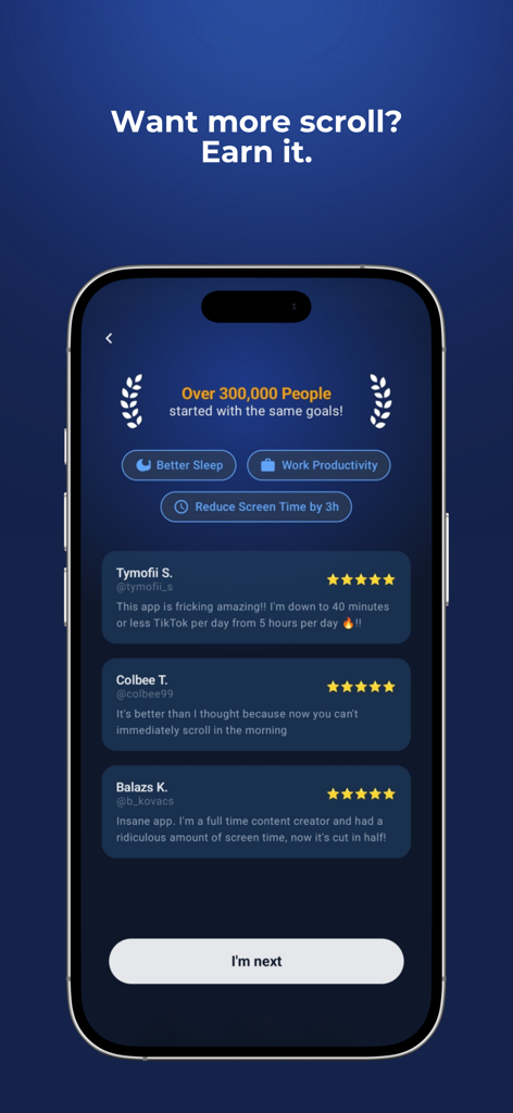 Sweatscroll: App Blocker - Sweatscroll app screen showing user testimonials and goals for reducing screen time and increasing productivity