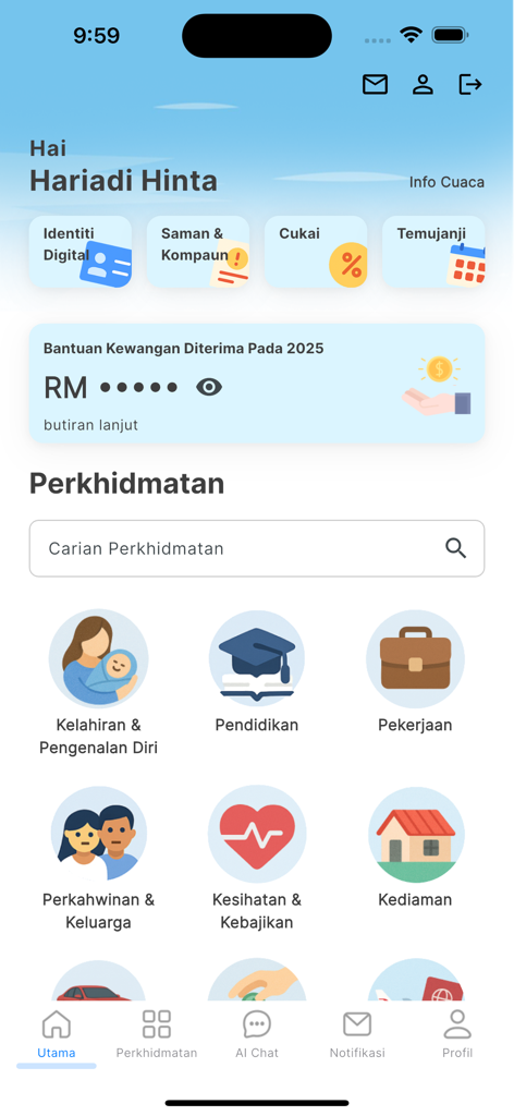 MyGOV Malaysia - User dashboard of the MyGOV Malaysia app showing various government service categories like education and healthcare