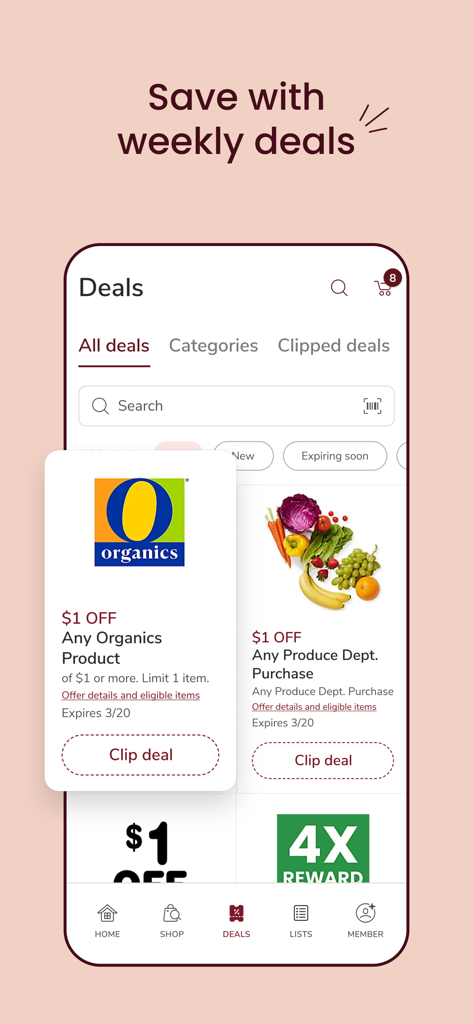Safeway Deals & Delivery - Safeway Deals and Delivery mobile app interface showing weekly digital coupons for organic products and produce.