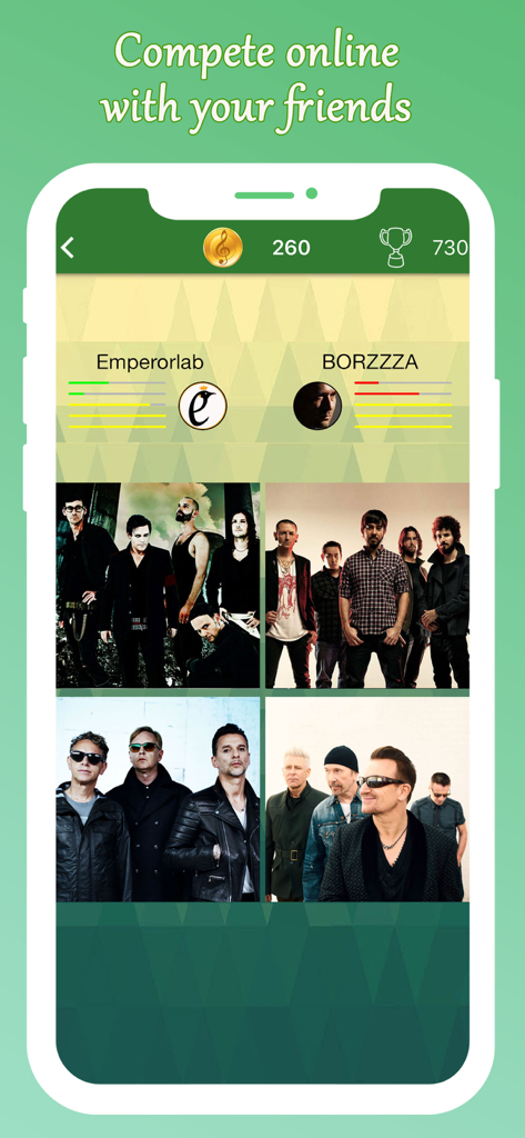 Musical hits quiz. Guess songs - A smartphone showing the online competition mode of the musical hits quiz game with band photos and player scores.