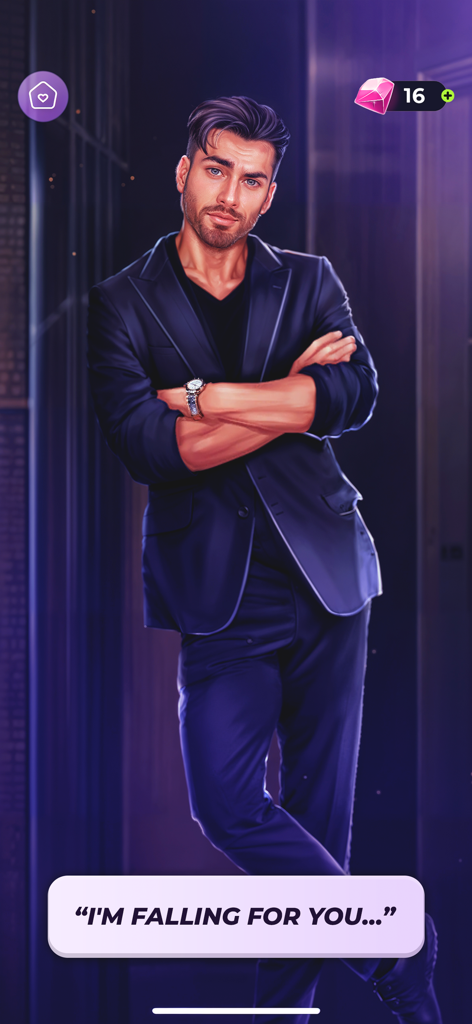 Love Story® My Romance Fantasy - Un apuesto hombre con traje dice 'Me estoy enamorando de ti' en un juego de romance.