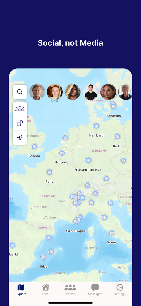 NOMO - No More Missing Out - NOMO app interface displaying a map of Europe with profile icons of friends and social connections