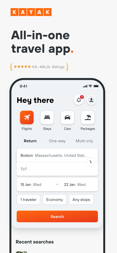 Aplicativo móvel KAYAK com tela de pesquisa para voos, hotéis e aluguel de carros