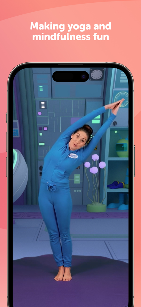 Cosmic Kids Yoga - A woman in a blue jumpsuit performing a yoga side stretch on a colorful spaceship themed set