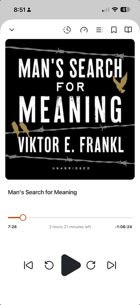 Storyteller Reader - Storyteller Reader audiobook playback screen showing Mans Search for Meaning with playback controls