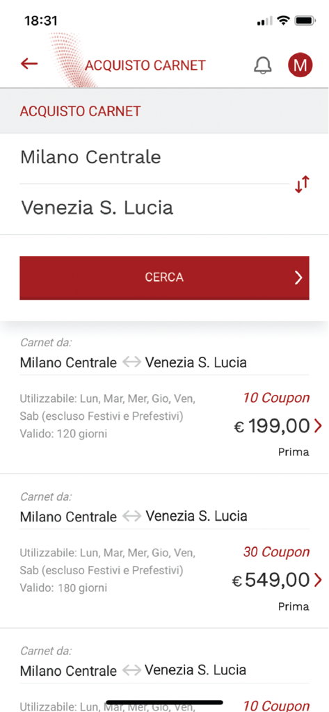 Interfaccia dell'app mobile Italo Impresa che mostra le opzioni dei biglietti business carnet per viaggi multi-tratta tra Milano e Venezia.