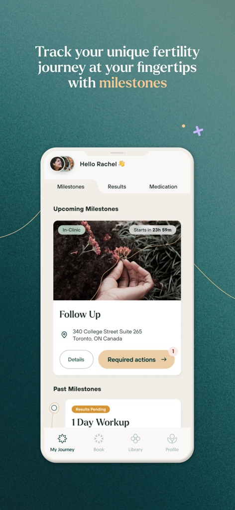 Interfaz de la app Pollin mostrando hitos próximos y pasados para un viaje de fertilidad personalizado
