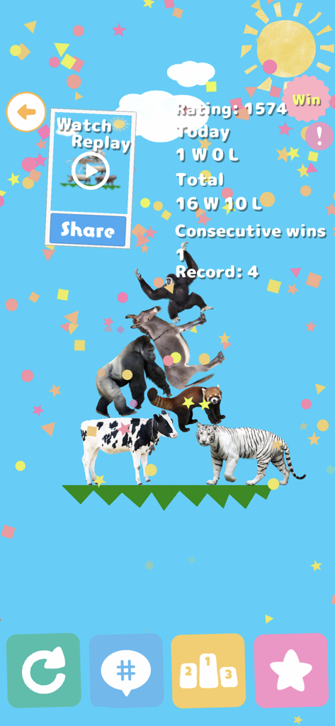 AnimalTower Battle - Victory screen in Animal Tower Battle showing a stack of animals and game statistics