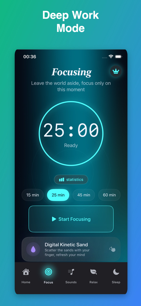 Dainty: Meditation & Sleep - Interfaz de temporizador de enfoque minimalista en la aplicación Dainty que muestra una sesión de trabajo profundo de 25 minutos